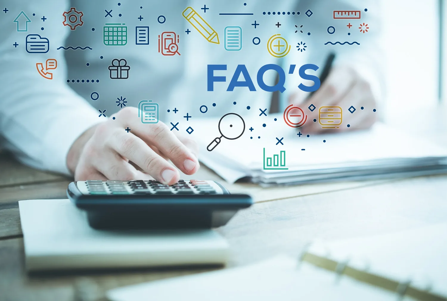 An illustration of frequently asked questions with icons for enquiries, information and support
